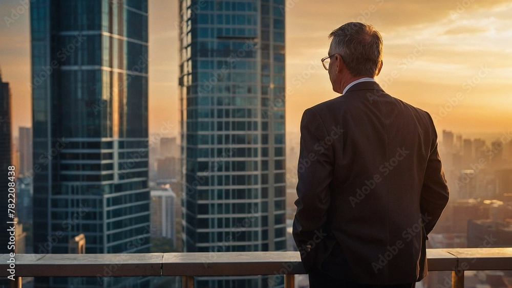 A back view of businessman standing together on top of a building looking over a city, tall buildings in background, blurred, sunrise light, orange hues A back view of businessman standing together on top of a building looking over a city, tall buildings in background, blurred, sunrise light, orange hues