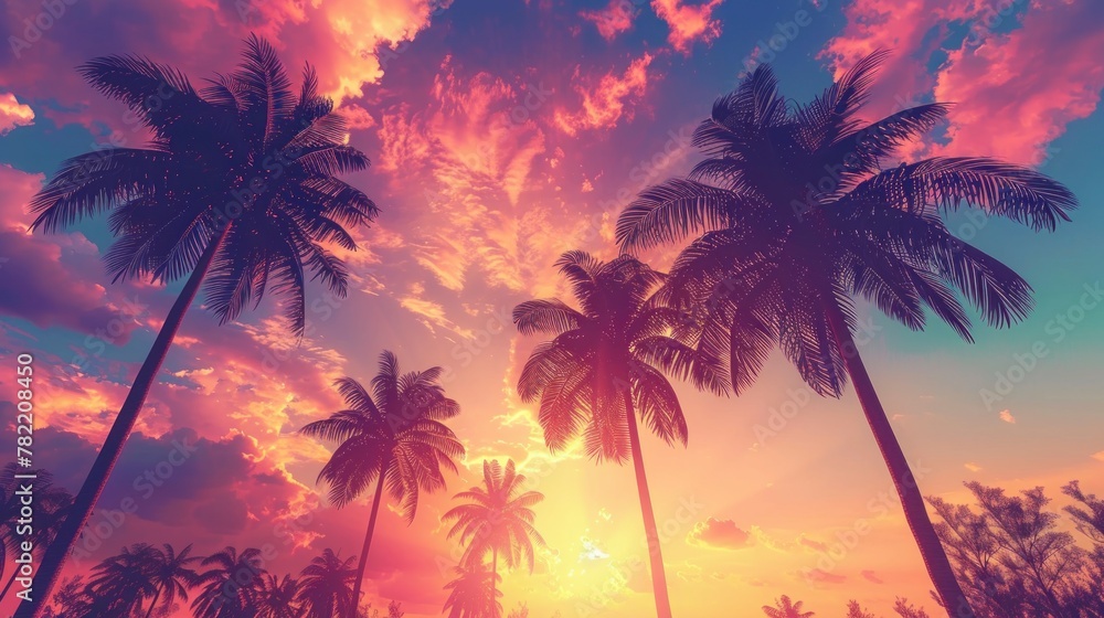 beautiful neon retro sunset with palm trees