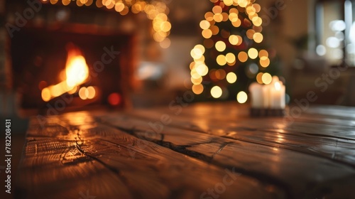 Festive wooden table with candles next to a Christmas tree. Perfect for holiday decorations
