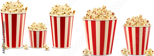 Realistic full large, medium and small popcorn bucket