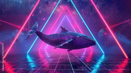 beautiful background of a whale with neon triangles