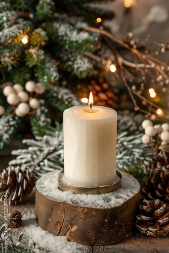 A white candle on a wooden table  suitable for home decor