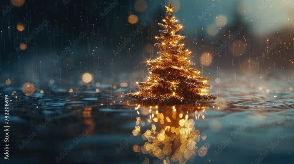 Christmas tree standing in a puddle, suitable for holiday concepts
