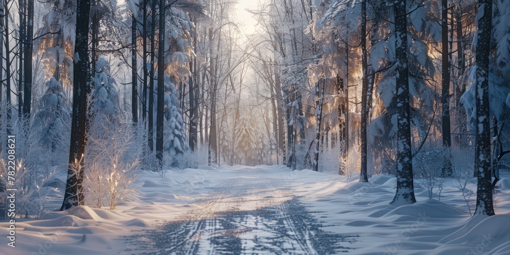 A serene snow covered path in a winter forest. Suitable for winter holiday themes A serene snow covered path in a winter forest. Suitable for winter holiday themes
