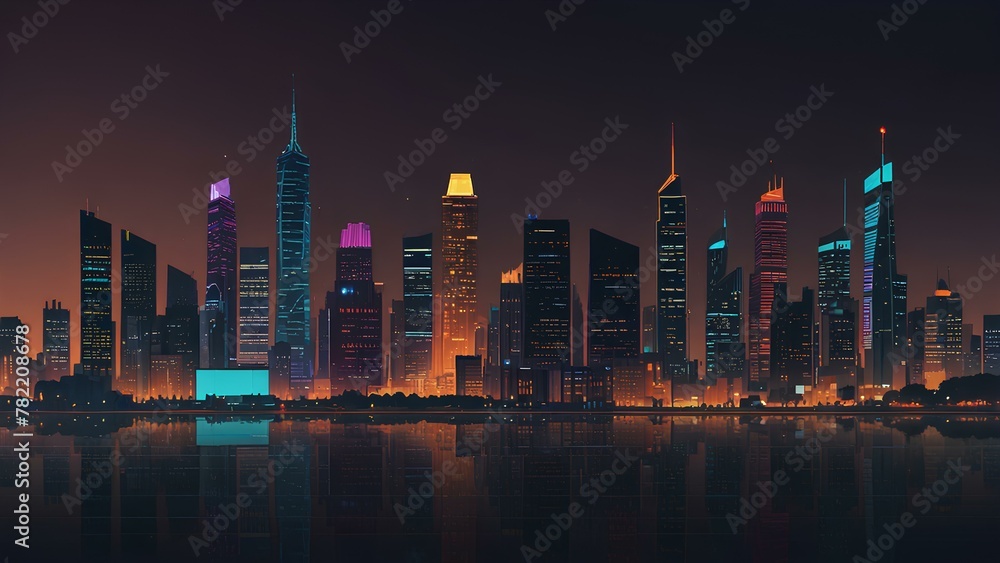Illuminated City at Night in Cyberpunk Style - Super Tall Buildings - Beautiful Background with Skyscrapers, Clear Sky and Digital Light (AI Image)