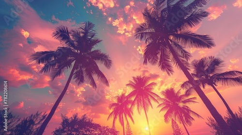 beautiful neon retro sunset with palm trees in high resolution