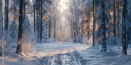 A serene snow covered path in a winter forest. Suitable for winter holiday themes © Fotograf