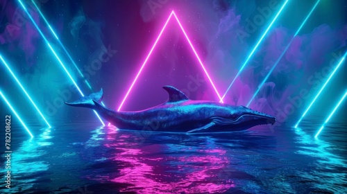 beautiful background of a whale with retro neon triangles