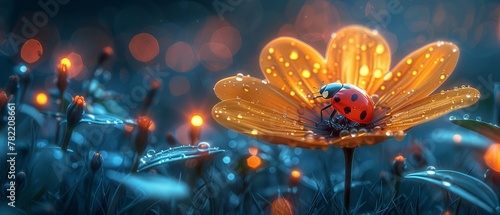 A yellow ficaria flower and a ladybug in an enchanted fairytale magical garden in an enchanted forested forest, a fairytale glade off against a mysterious midnight background, an elven magic wood photo