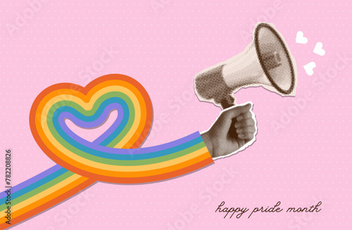 Pride Month creative banner concept. Retro collage with halftone hand holding loudspeaker with heart shaped rainbow sleeve. Collage with cut out paper elements for decoration of LGBT events. Vector