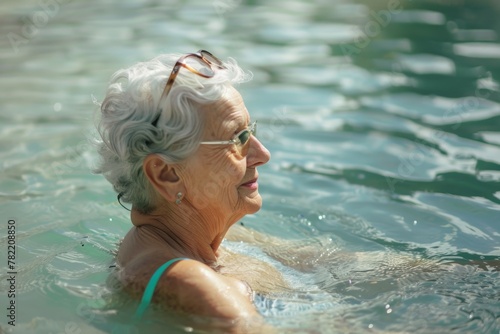 Elderly woman enjoying a swim with a frisbee, perfect for lifestyle and leisure concepts