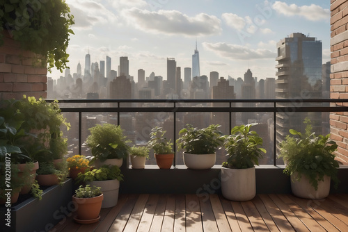 Urbaner Dachgarten mit einer Auswahl an Pflanzen und atemberaubendem Blick auf die Skyline der Stadt.