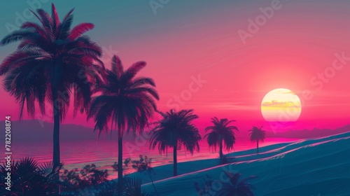 beautiful retro neon sunset with palm trees in high resolution and high quality