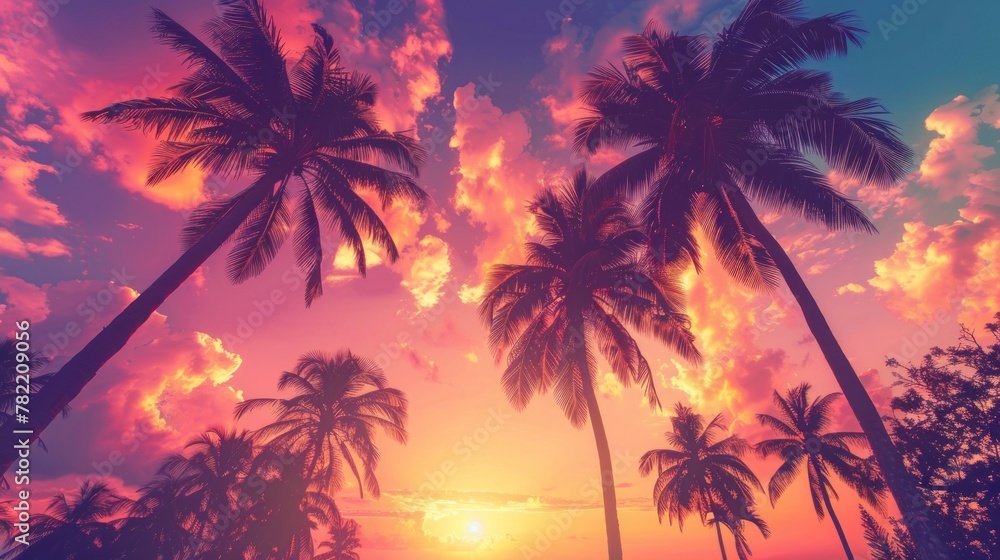 beautiful retro neon sunset with palm trees in high resolution and high quality HD
