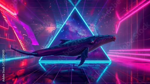 beautiful background of a whale with retro neon triangles in high resolution and quality