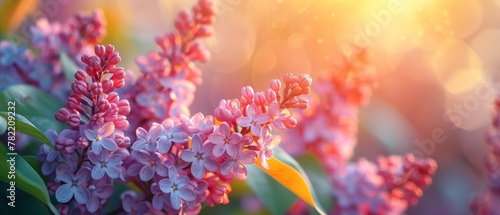 Stunning lilac flower bush blooming in spring in the garden, on a vivid sunny bright background, on a mysterious fairy tale springtime floral scene in a nature park.