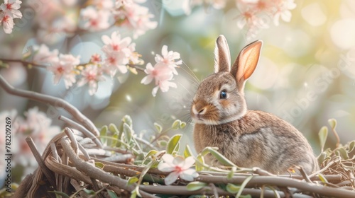 A cute rabbit sitting in a nest surrounded by flowers. Perfect for spring or Easter themed projects