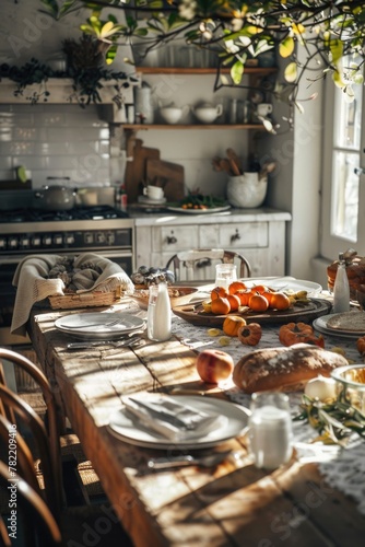 A simple wooden table with various plates of food, suitable for food blogs or restaurant menus