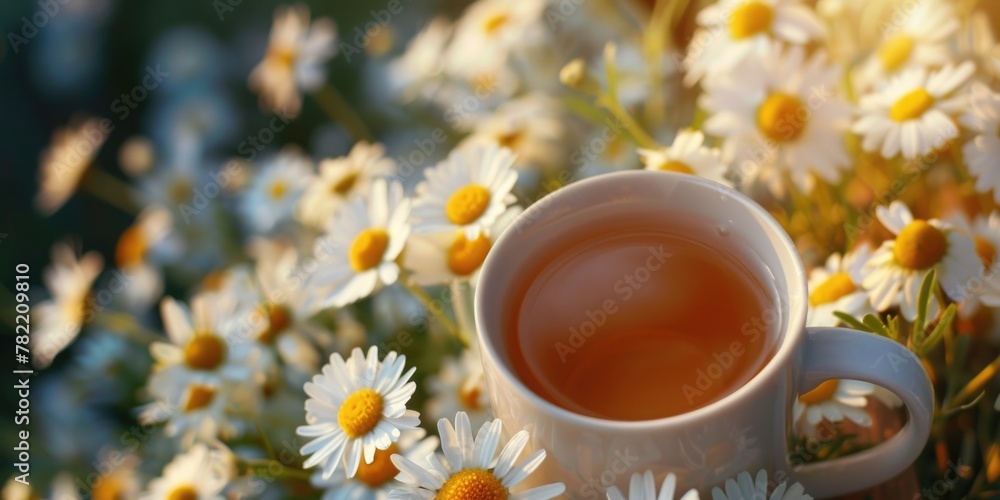A cup of tea resting on a field of flowers. Perfect for nature or relaxation concepts A cup of tea resting on a field of flowers. Perfect for nature or relaxation concepts