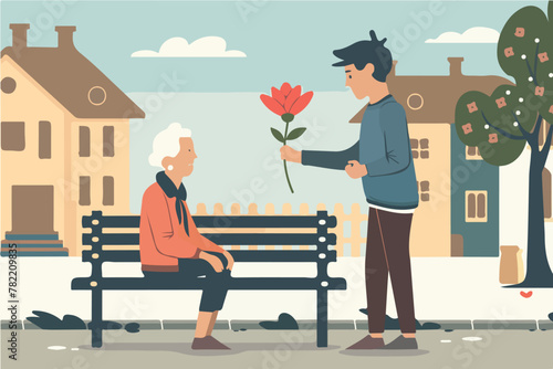 an elderly couple on a bench outdoors sharing flower and man offering her a hand in © Wirestock
