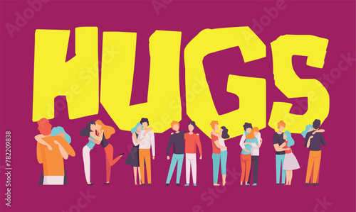 a group of people hugging and kissing each other in the word hugs © Wirestock