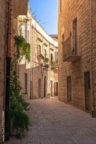 Centro storico di Molfetta. Piccola strada acciottolata ed edifici residenziali in pietra. Puglia, Italia. photo