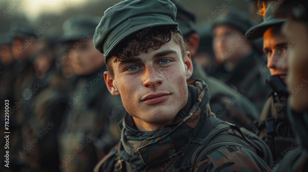 Portrait of caucasian soldier in uniform holding his cap and smiling at boot camp. Portrait of caucasian soldier in uniform holding his cap and smiling at boot camp.