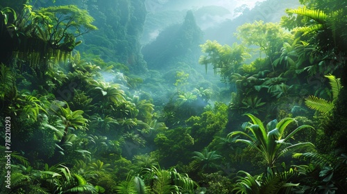 Lush greenery and dense foliage in a misty forest. © David