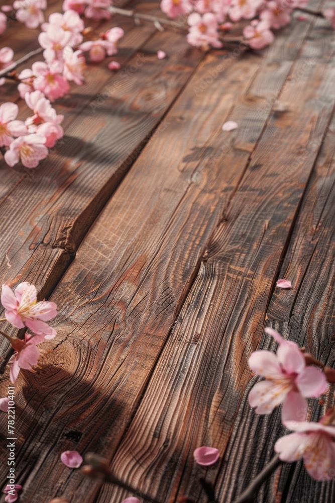 A wooden table covered with vibrant pink flowers. Suitable for various floral themes