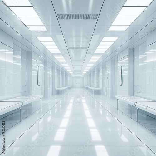 Human cloning facility, clinically bright, mid-shot, futuristic minimalism