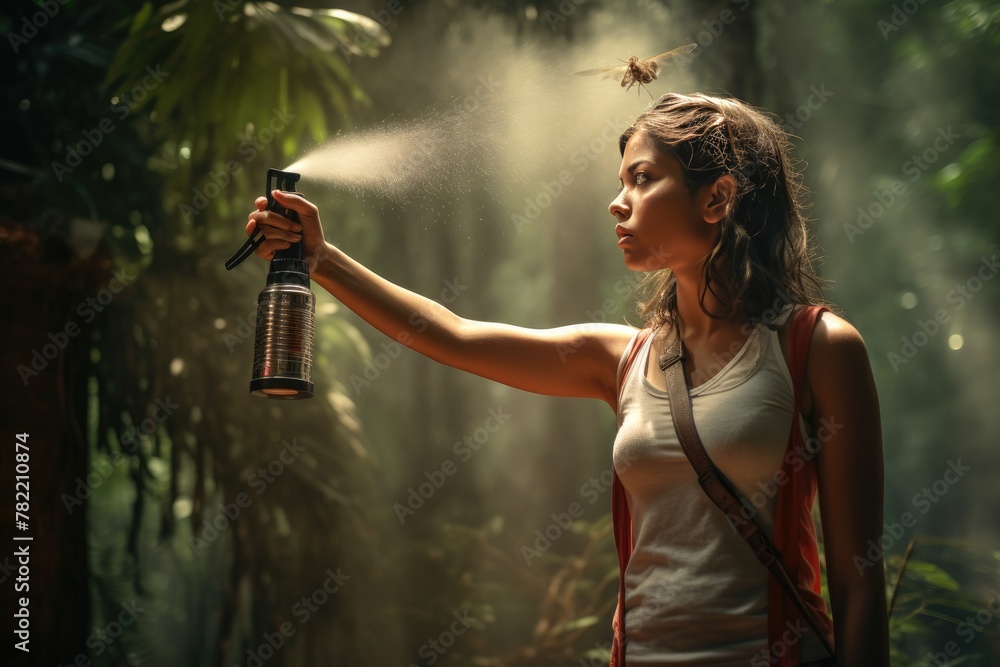 Woman With Insects Beautiful young woman spraying mosquito repellent outdoors. Protection ...