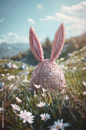 A pink bunny hat sitting in a field of flowers. Perfect for Easter or spring-themed designs © Fotograf