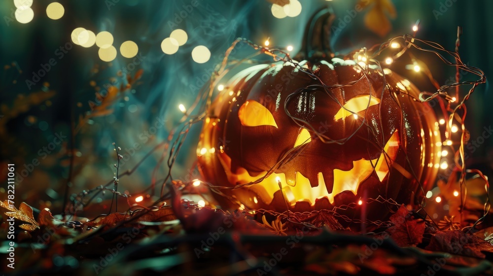 A lighted pumpkin sitting on top of a pile of leaves. Suitable for autumn and Halloween themes A lighted pumpkin sitting on top of a pile of leaves. Suitable for autumn and Halloween themes