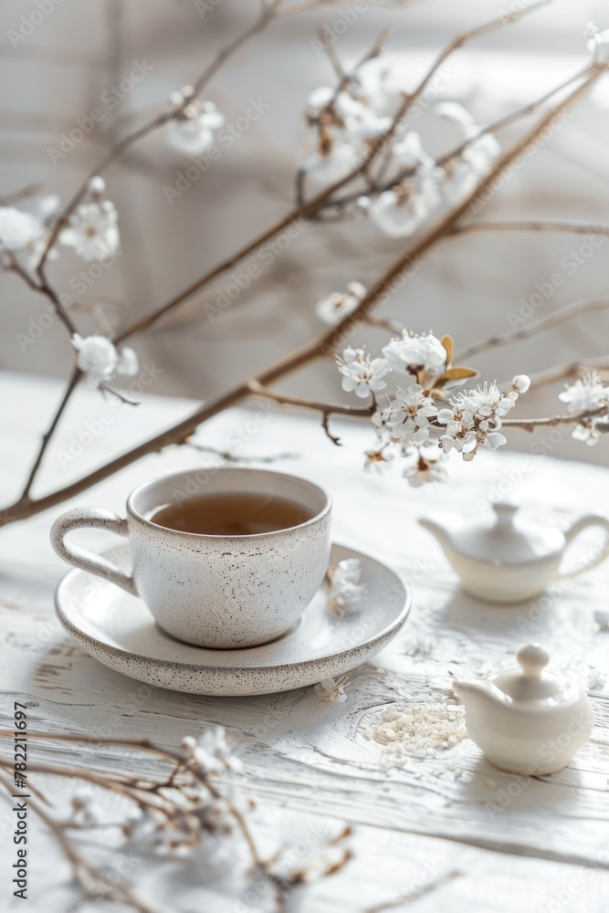 A cup of tea next to a teapot, suitable for various designs A cup of tea next to a teapot, suitable for various designs
