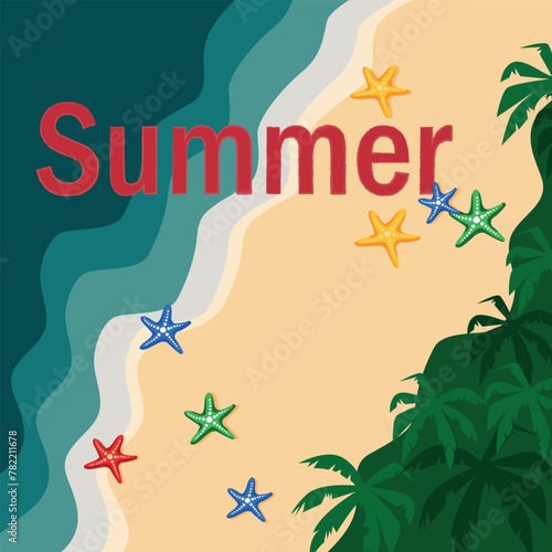 Vector banner with the inscription Summer. A poster with a sandy beach and an ocean.