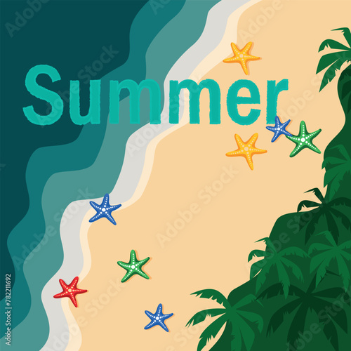 Vector banner with the inscription Summer. A poster with a sandy beach and an ocean.