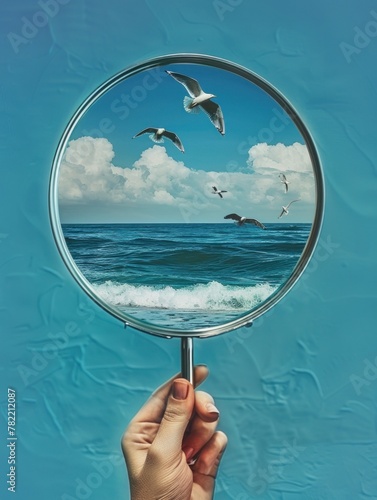 Poster. Contemporary art collage. hand holding mirror with reflection of ocean horizon with flying seagulls against blue background.