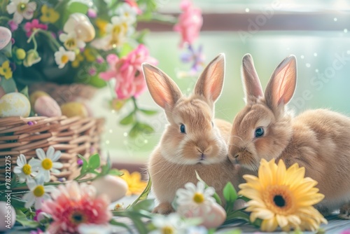 Two cute rabbits sitting near a basket of colorful flowers. Perfect for Easter or spring themed projects