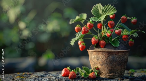 A potted plant with strawberries growing out of it. Suitable for gardening and organic farming concepts