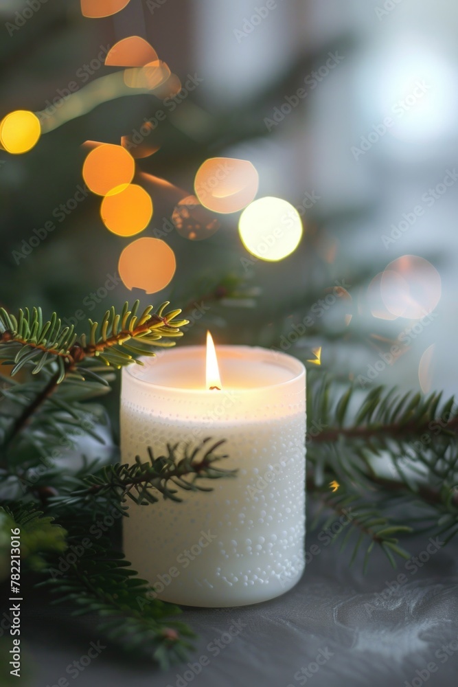 A peaceful scene with a glowing candle next to a festive tree. Perfect for holiday themes A peaceful scene with a glowing candle next to a festive tree. Perfect for holiday themes