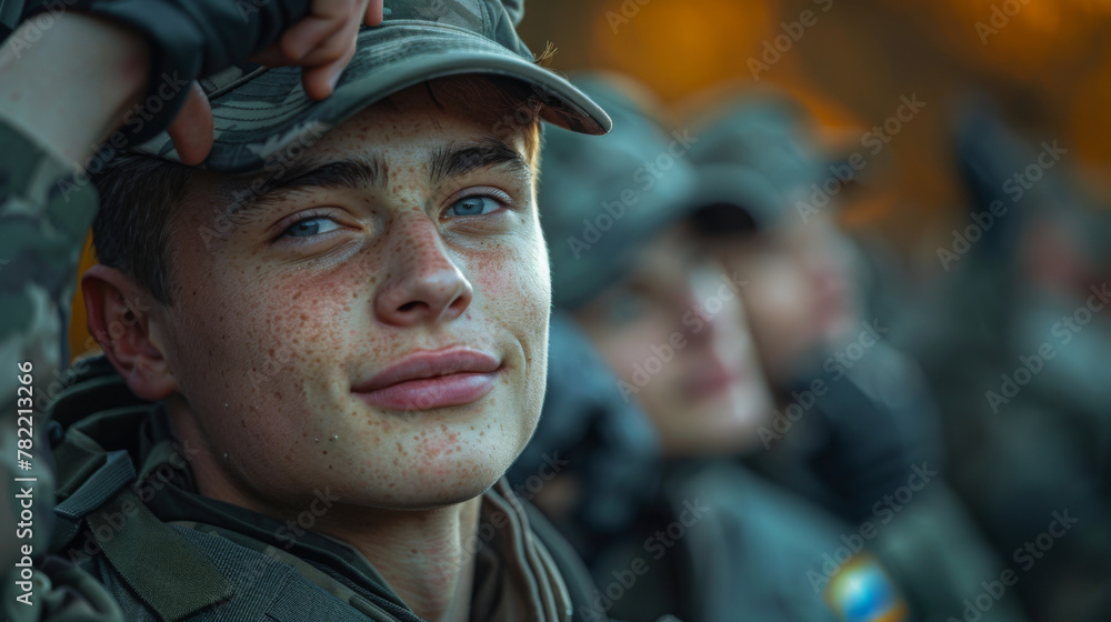 Portrait of caucasian soldier in uniform holding his cap and smiling at boot camp. Portrait of caucasian soldier in uniform holding his cap and smiling at boot camp.