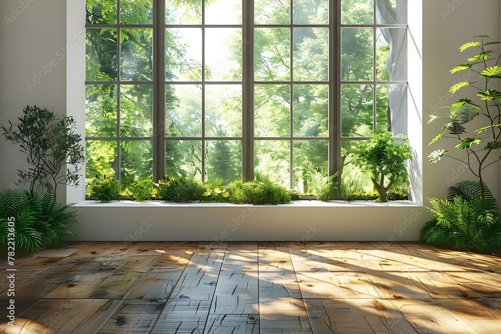 Bright Minimalist Living Room with Verdant View and Laminate Floors. Concept Minimalism, Home Decor, Interior Design, Greenery, Laminate Flooring