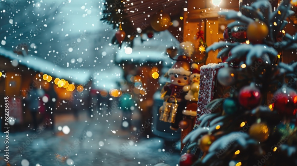 A small Christmas tree in the middle of a snowy street. Suitable for holiday season designs