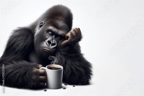 sleepy gorilla holding cup of coffee isolated on solid white background