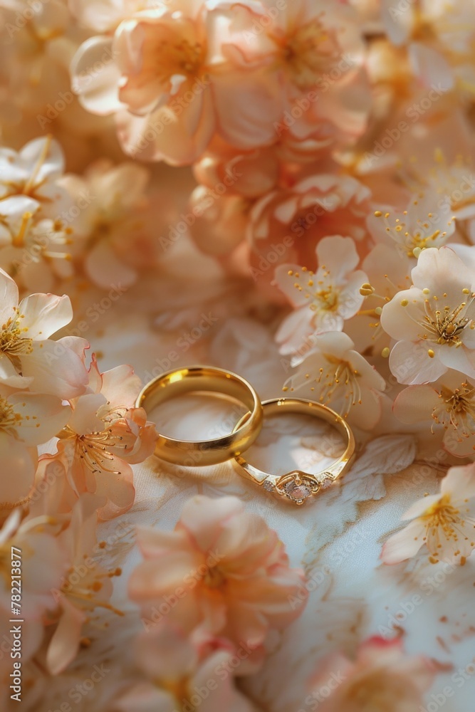 Wedding rings placed on a bed of flowers, suitable for wedding themes Wedding rings placed on a bed of flowers, suitable for wedding themes