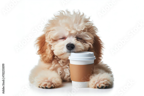 sleepy poodle dog holding cup of coffee isolated on solid white background