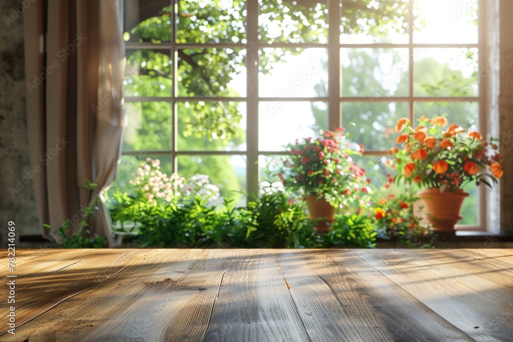 Fototapeta premium Simple wooden table placed in front of a window, suitable for various interior design concepts