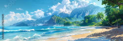 A beautiful beach on tropical island with ocean waves, blue sky and mountains in the background. Digital art style. Banner image.