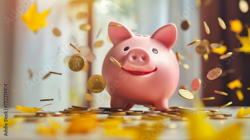 Pink piggy bank with flying coins, financial investment and money saving concept.