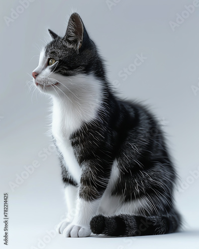 A gray and white cat is sitting and looking to the right. photo